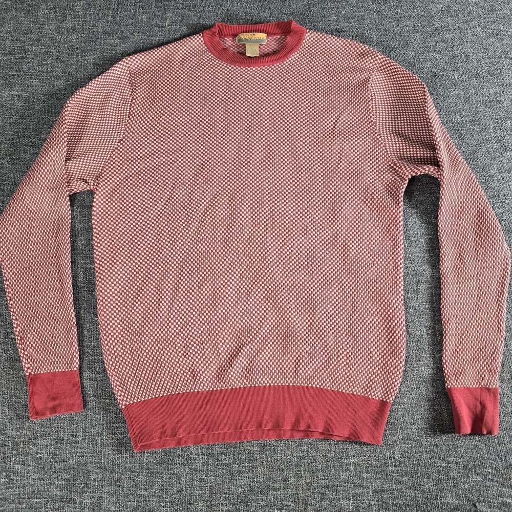 Bobby Chan Mens Silk Cotton Blend Crewneck Sweater Red White Micro Check Large